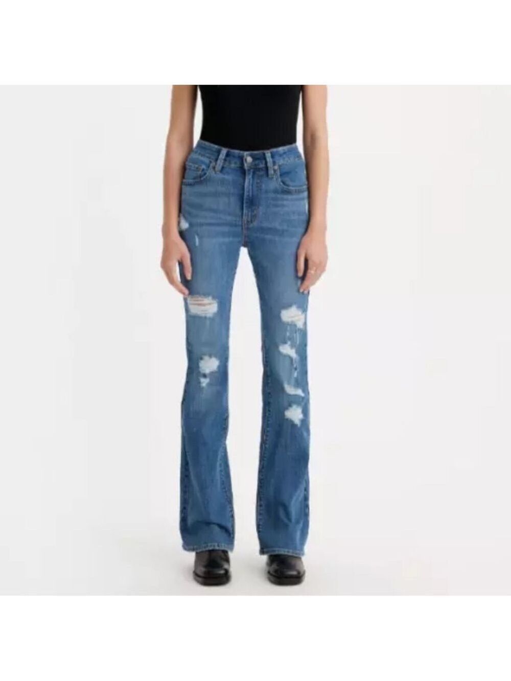Levi's 726 Flare High Rise Jeans Womens Sz 31 Med Wash Stretch Distressed